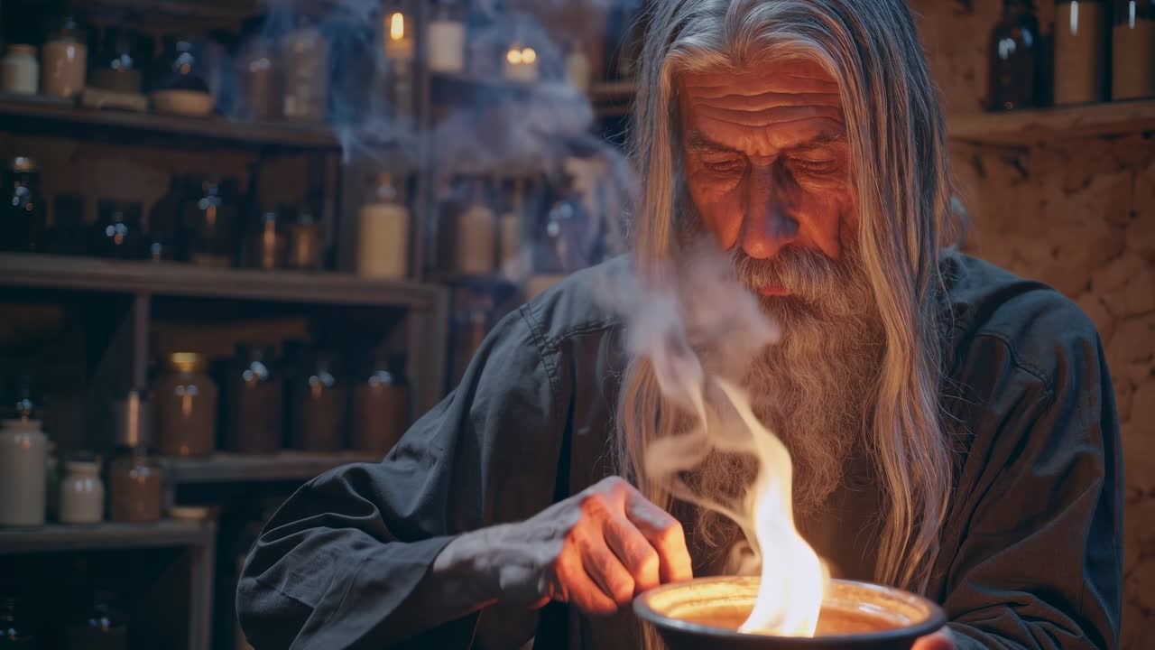 Alchemist with a long white beard preparing a potion in his mysterious workshop illuminated by the warm glow of candlelight, surrounded by shelves filled with jars and bottles of ingredients