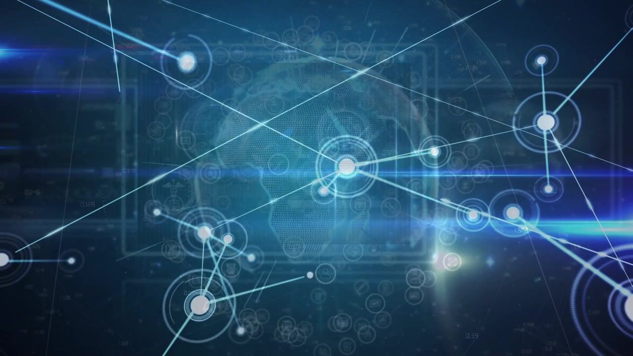 Animation of data processing, globe and network of connections
