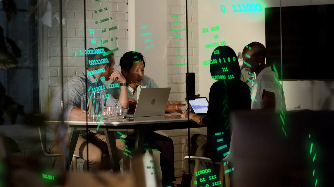 Lead scrolling laptop team reviewing tablet behind glass in business green overlay obscuring group