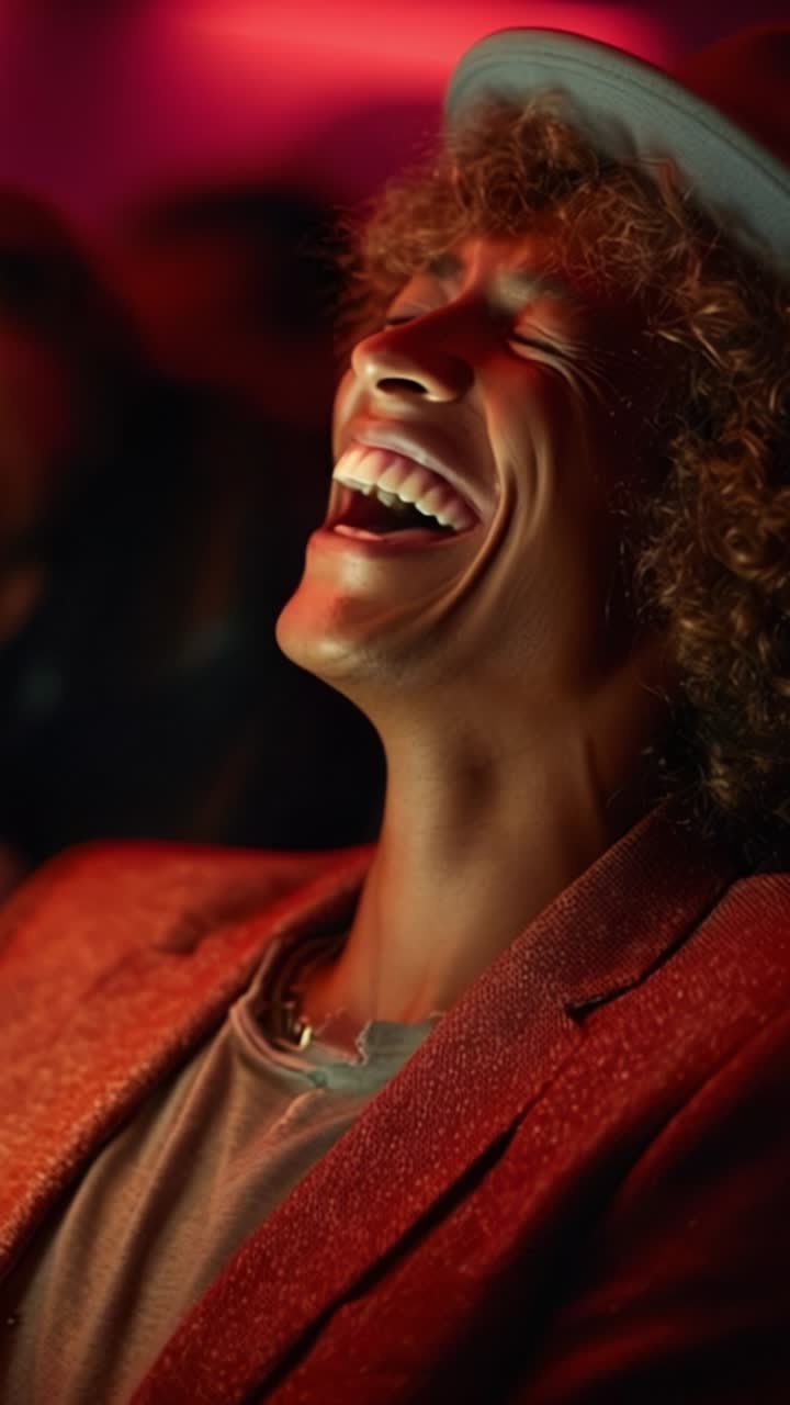 Joyful Laughter Captured in Stunning Close-Up, Showcasing the Delightful Expression of a Young Man with Curly Hair and a Stylish Hat under Vibrant Lighting