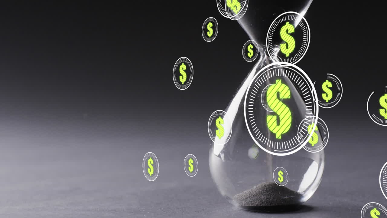 Animazione di simboli del dollaro americano ed elaborazione di dati finanziari su clessidra