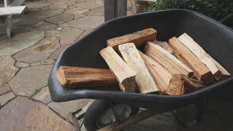 close up shot of wheelbarrow with sliced firewood for making fire