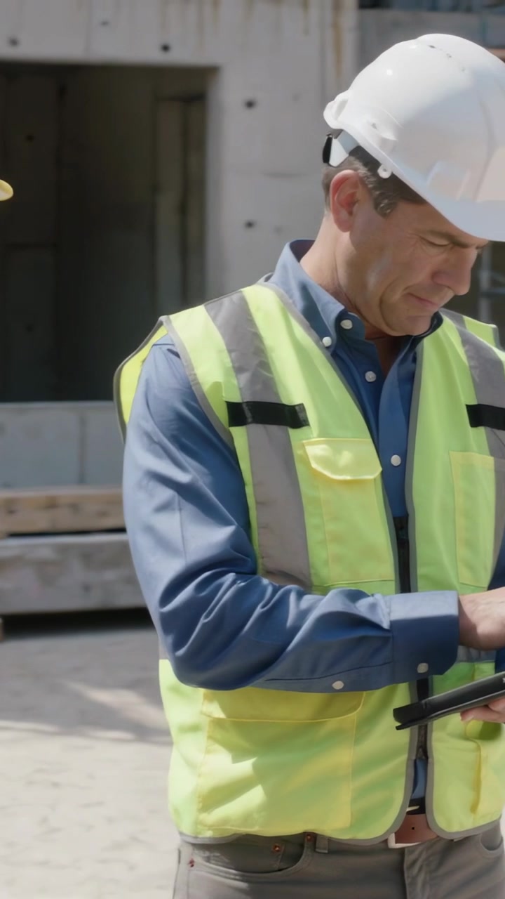 Vertical video: Scrolling tablet on site, foreman in hardhat and vest pointing, directing crew