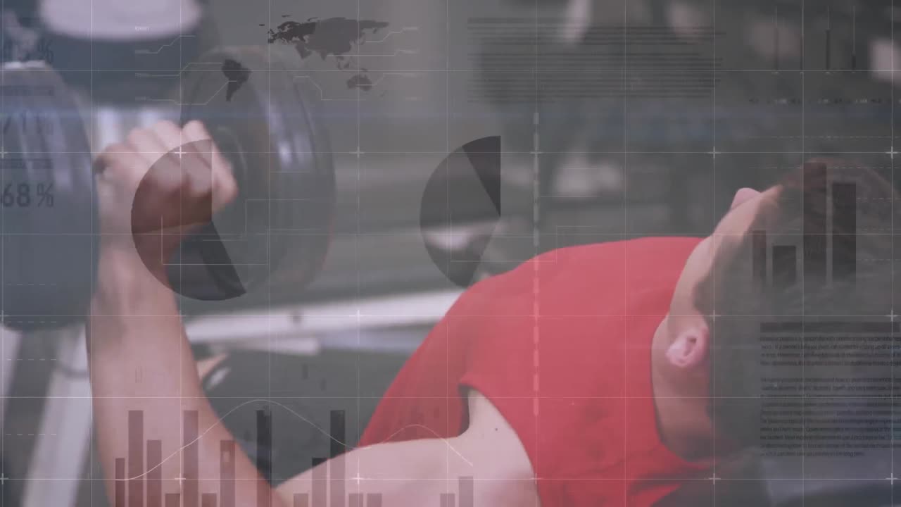 체육관 장비로 운동하는 강한 남자에 대한 데이터 처리 애니메이션