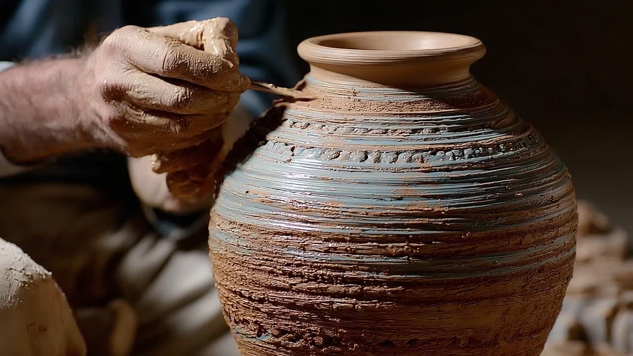 Artigiano che crea un bellissimo vaso in ceramica: le fasi finali della lavorazione della terracotta evidenziano design e texture complessi con mani esperte al lavoro
