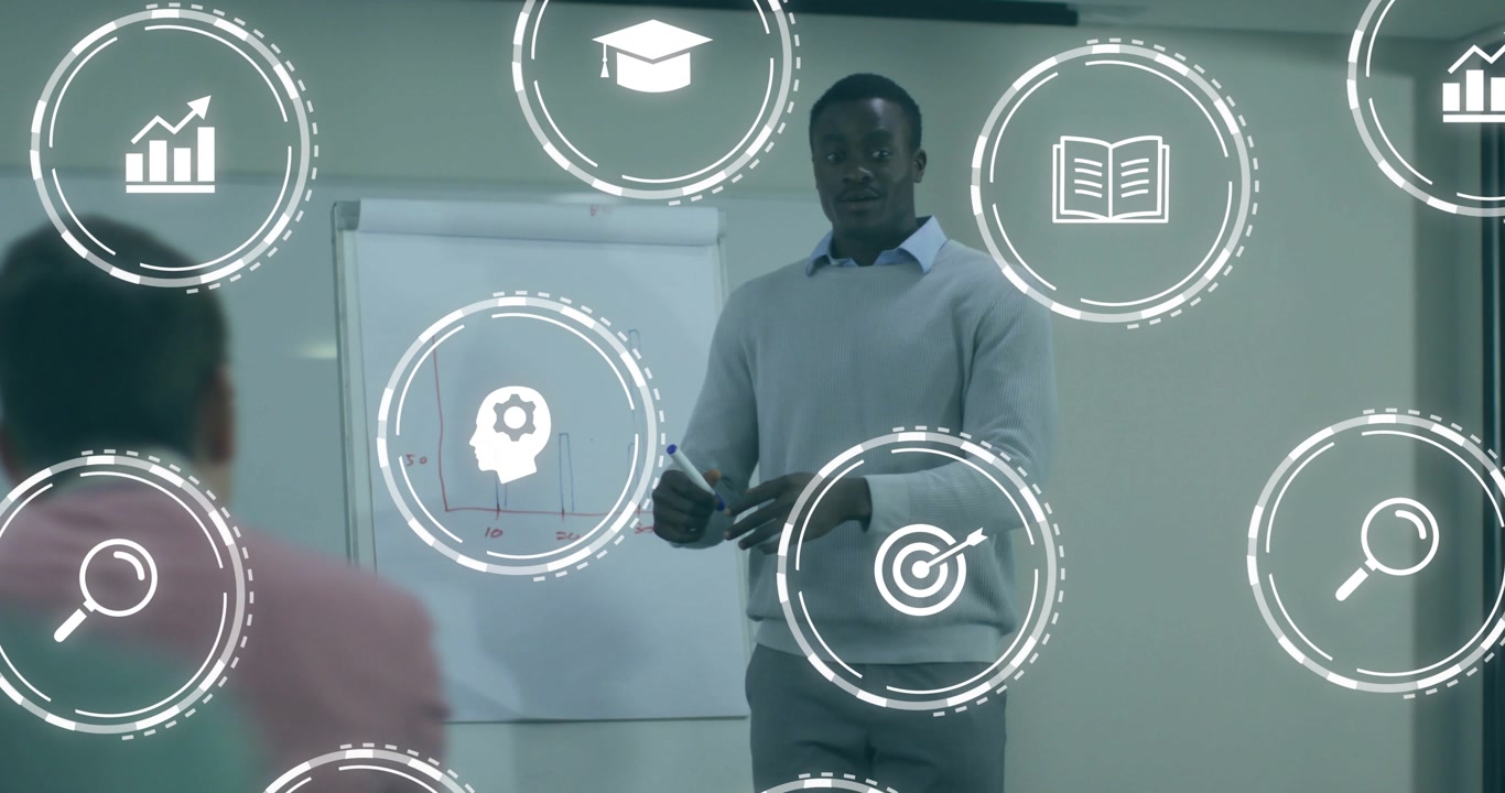 Presenter gesturing introducing flipchart bar graph in business, icons floating and annotating peak