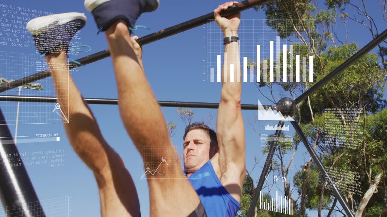 Man hanging on bar after HUD graphics rising lifting legs for fitness while charts overlaying torso