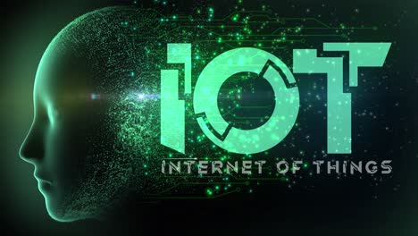 High quality animated graphical concept design depicting emerging Internet of Things technology with firing neurons in circuitry and flowing particles from AI Brain, in teal color scheme