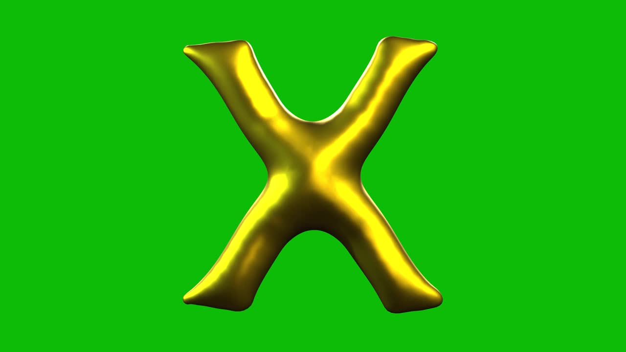 Gold Foil balloon letter X inflates, spins, and reveals on green screen in 3D animation. Ideal for celebrations, parties, birthdays, and video editing projects