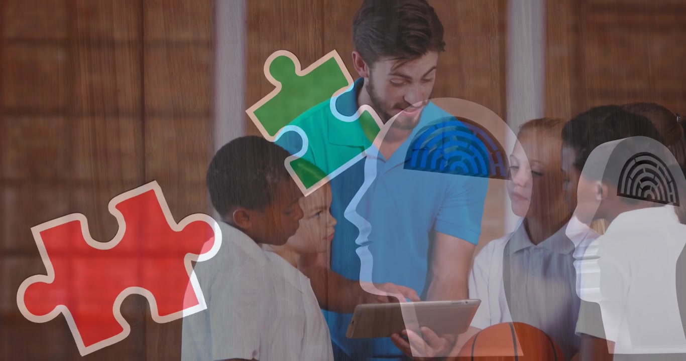 Animación de piezas de rompecabezas sobre escolares diversos usando una tableta.