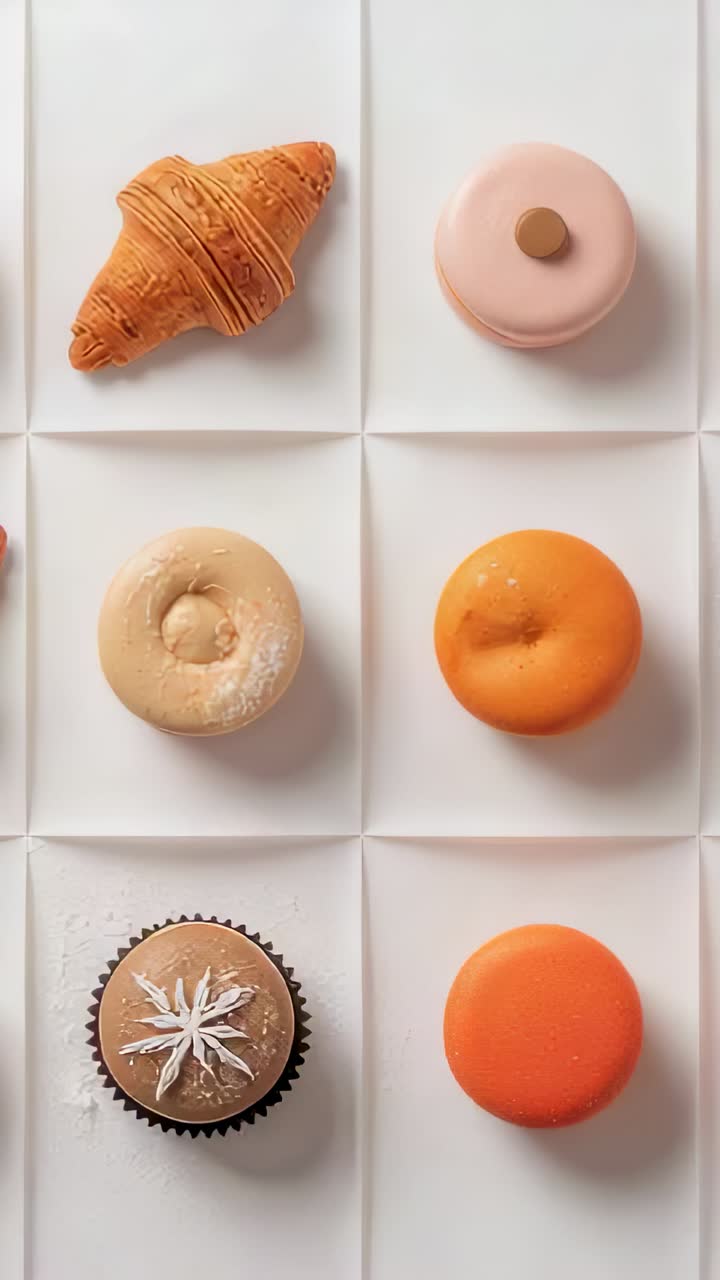 Vertical video: Panning camera unveiling center pastry grid on white tray, showcasing croissant