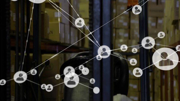 Warehouse with stacked boxes, network of connections animation overlaying scene