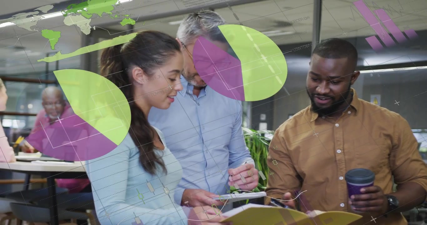Reacting to data overlays, team in office wear reading yellow folder and tapping tablet in office