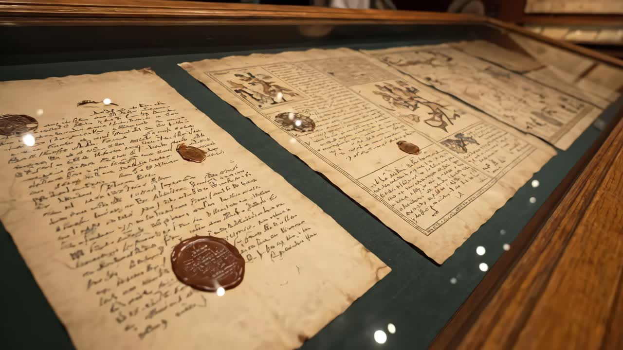 Historical Documents with Wax Seals Displayed in a Museum Exhibit