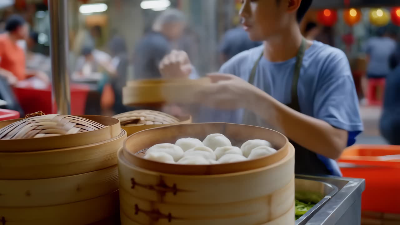 Steaming Dim Sum Buns at a Food Stall