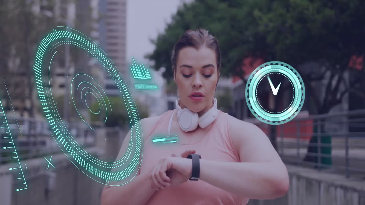 데이터 프로세싱의 애니메이션을 통해 백인 여성은 smartwacth와 함께 실행됩니다.