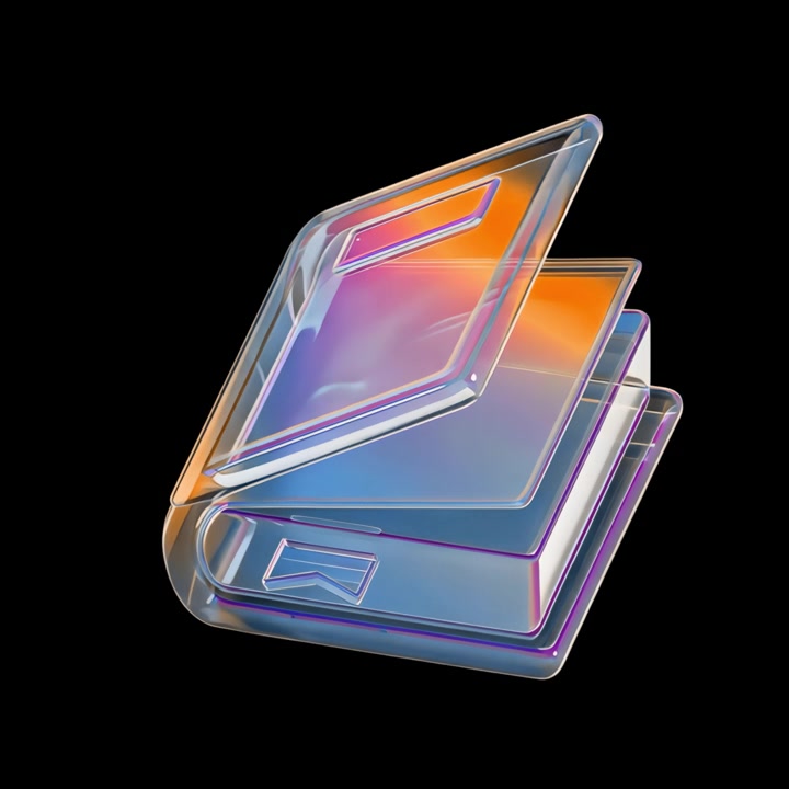 Icona di libro in vetro iridescente animata in 3D e rotante