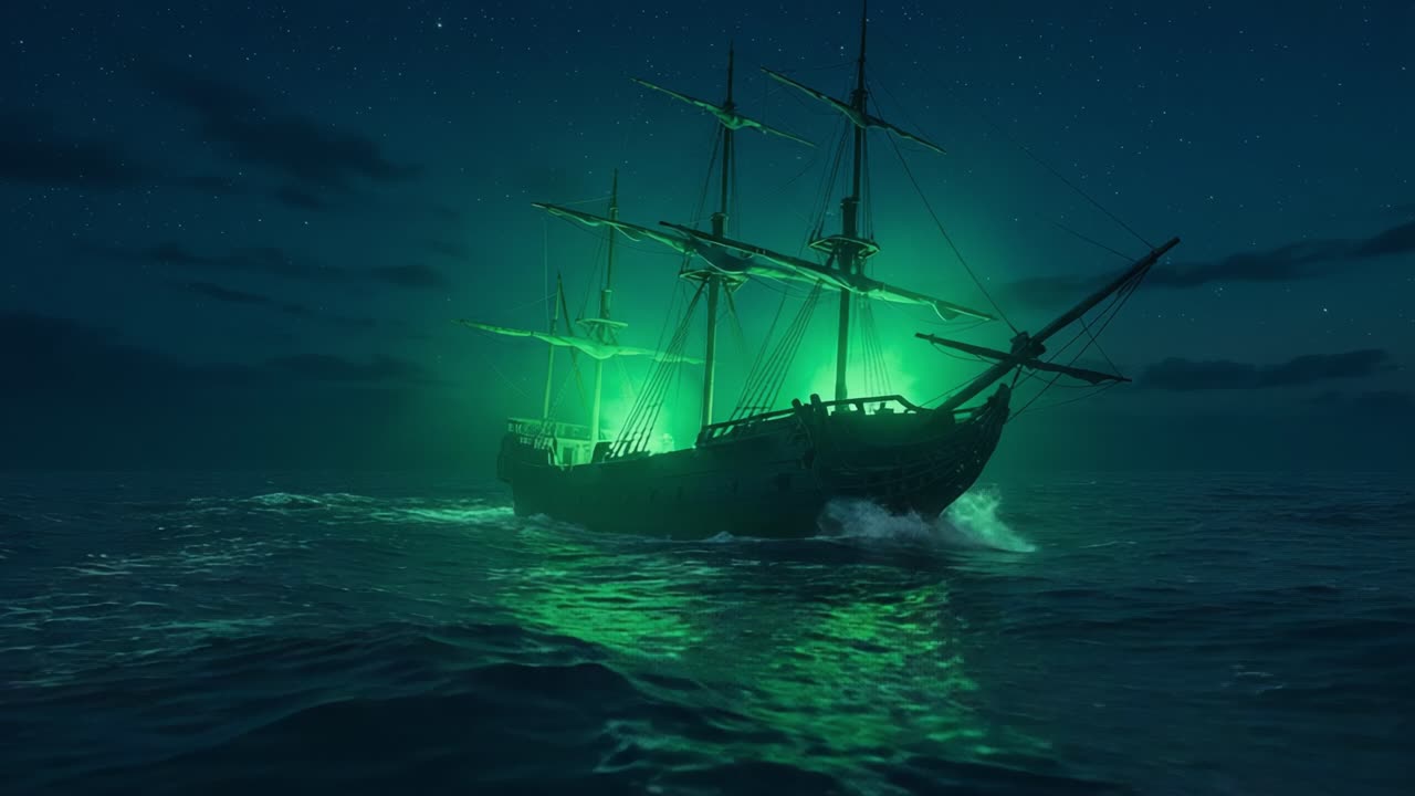 A Mysterious Ghost Ship Illuminates the Night Sea with a Haunting Green Glow, Capturing the Essence of Adventure and Enchantment in the Ocean's Depths