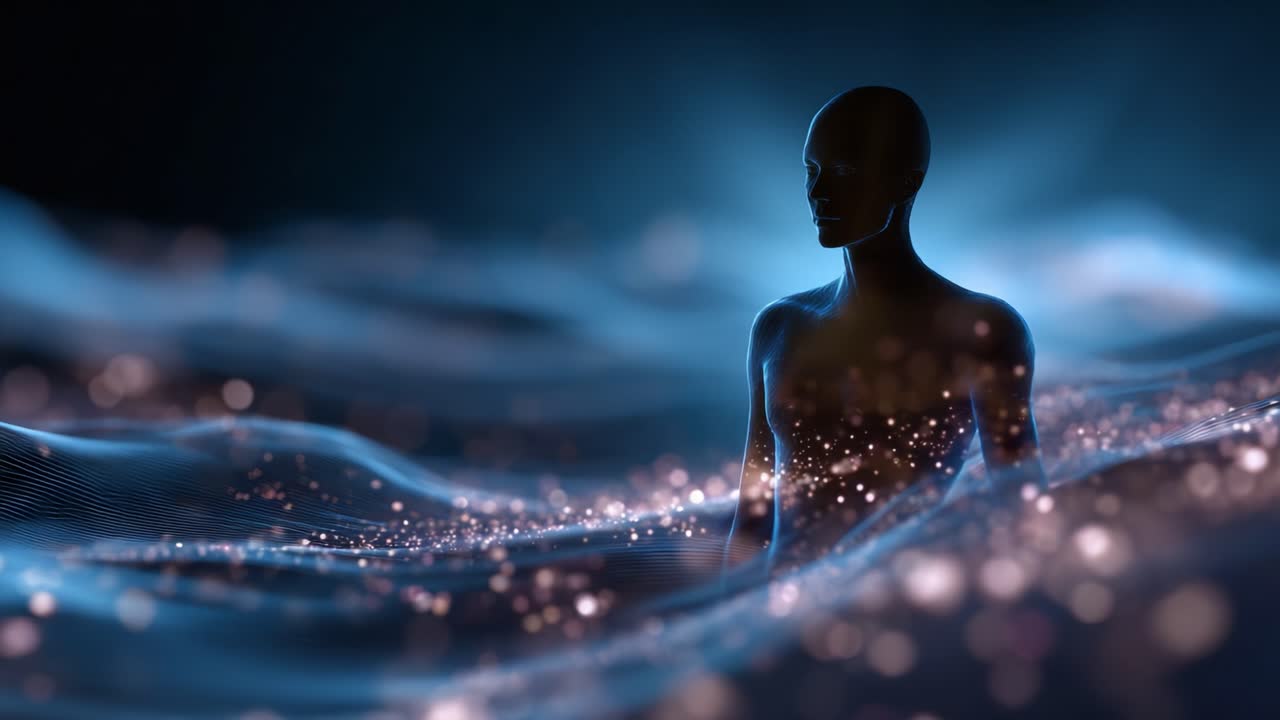 A mesmerizing figure of a human silhouette surrounded by flowing waves of light and sparkling particles, illustrating the beauty of ethereal energy flow in motion