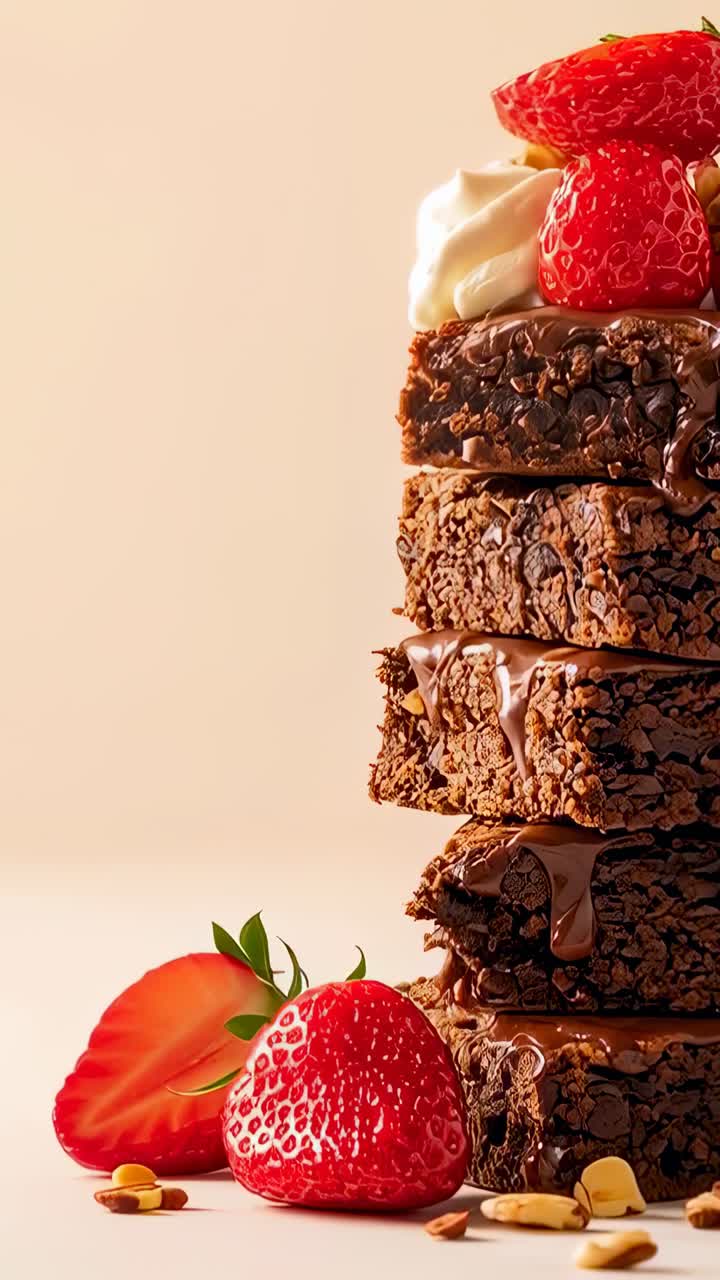 Video verticale: Fragola che atterra su una pila di brownie dopo una caduta, panna e noci per guarnire, spazio per il testo