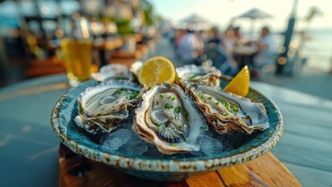 fresh oysters with lemon at a restaurant