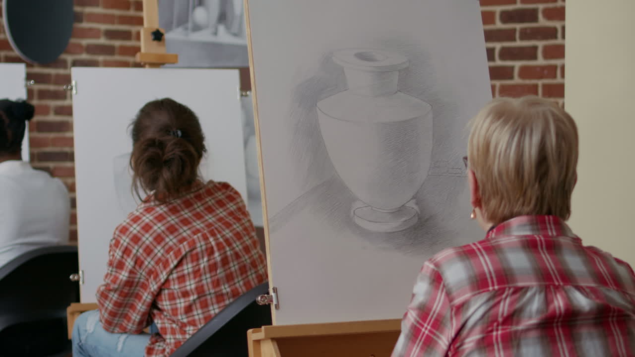 Elder student using pencil to draw on canvas in art class