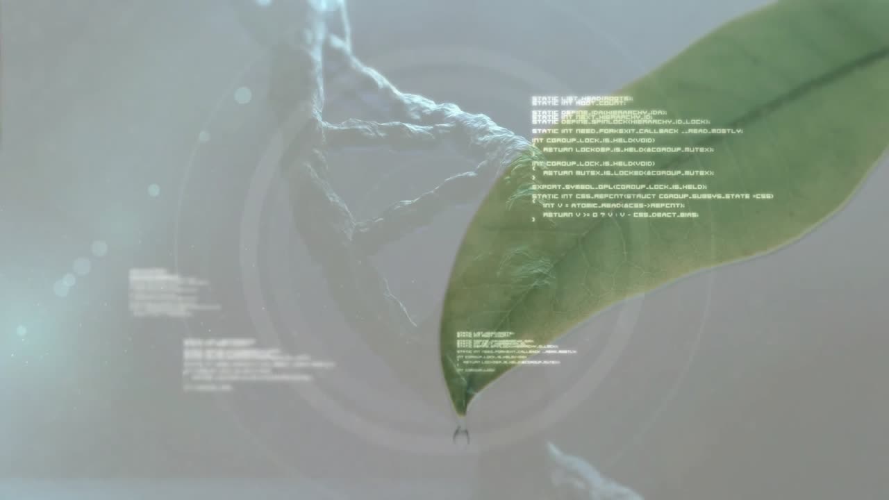 3D helix materializing triggers green leaf drifting while code blocks growing showing gene data