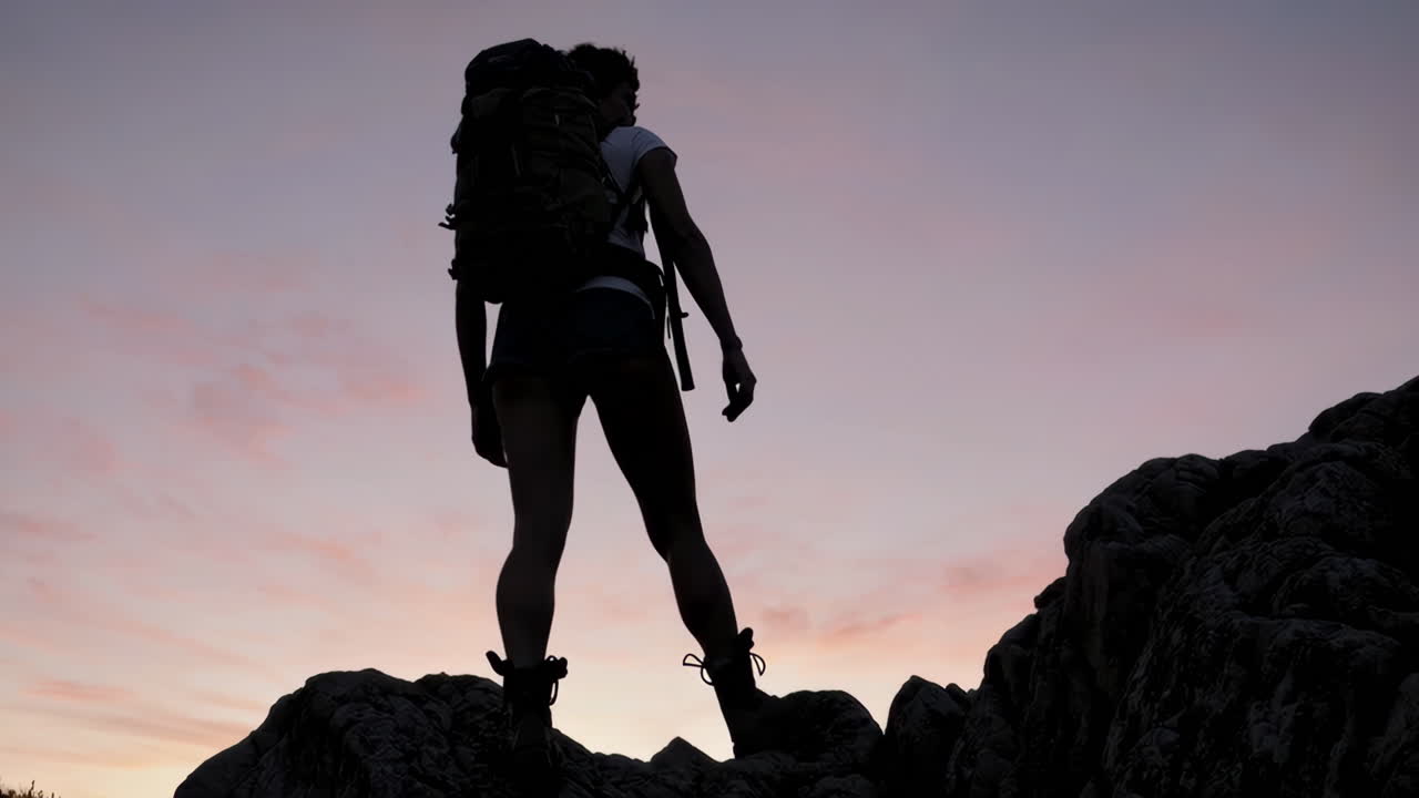 Woman Hiking Sunset Silhouette