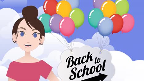 Animation-of-woman-talking-over-balloons-and-back-to-school-text