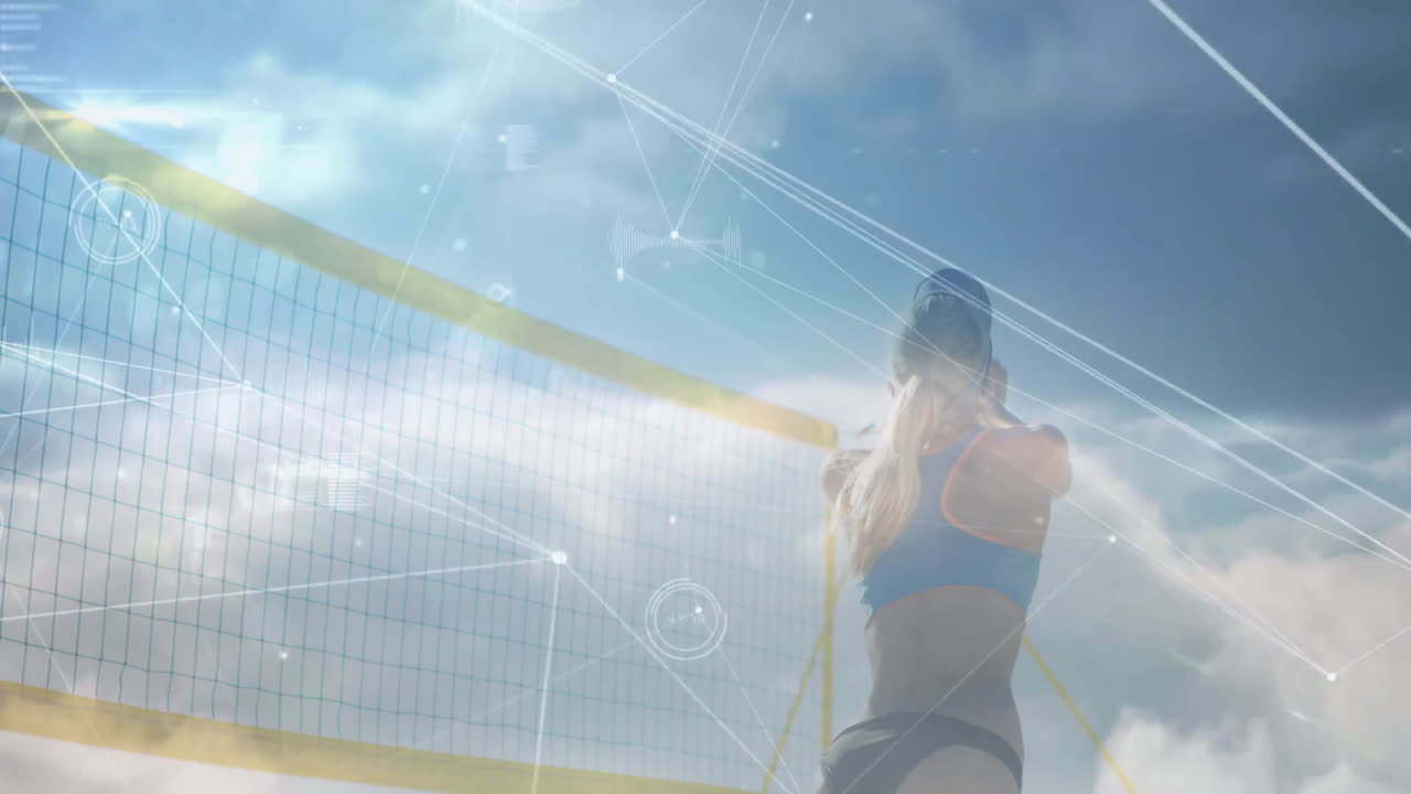 Playing beach volleyball, athlete with animation of digital network connections