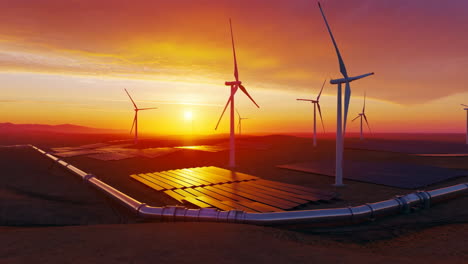 renewable energy infrastructure with wind turbines, solar panels, and pipeline at sunset