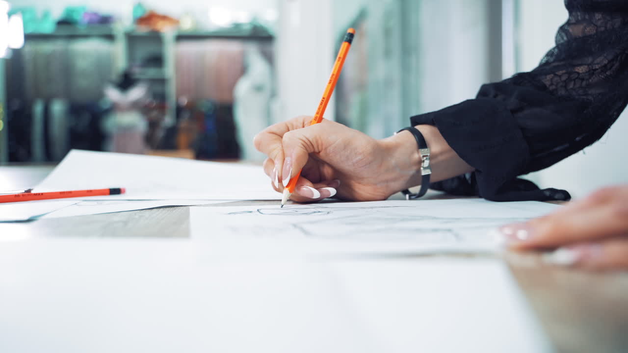 Close-up of seamstress hand with a sharp pencil draws a sketch of a stylish dress on a paper. Woman's hands are making a pattern sketch of a future clothing in atelier. Feminine hobby.