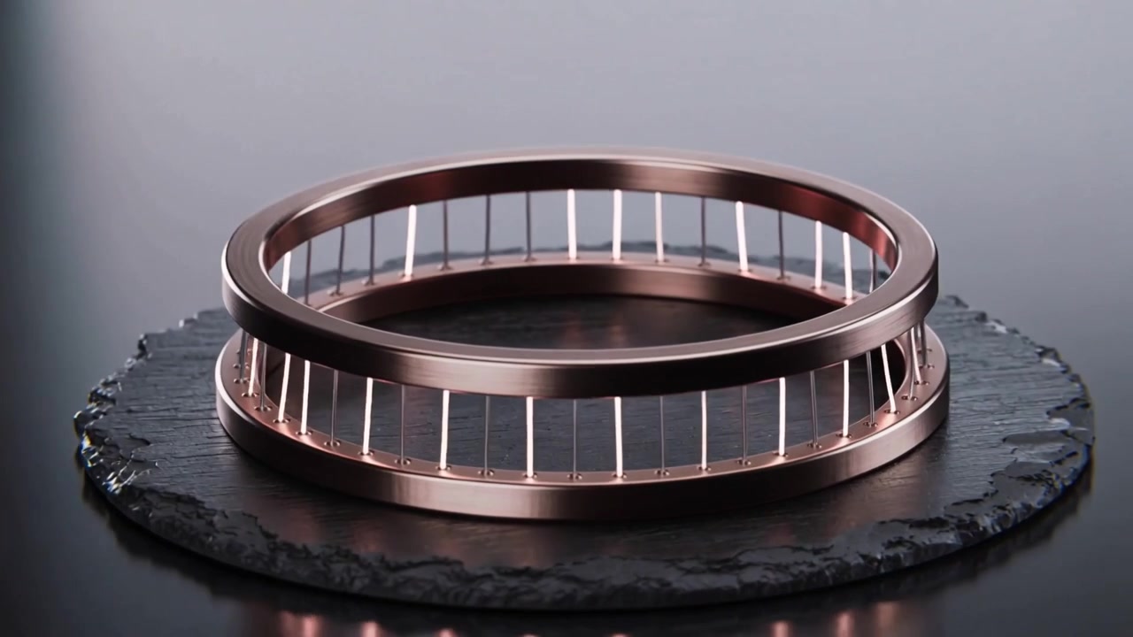 Panning camera revealing rotating copper rings on round black slate coaster, showing clear rods