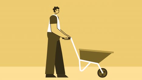 el personaje plano del hombre de estilo amarillo empujando el carro de la carretilla de la mano. animación de bucle aislado con asuntos alfa