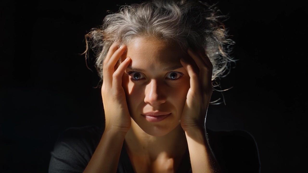 A woman struggling with overwhelming emotions, her hands on her face, highlighting the depth of her inner turmoil and the weight of stress and anxiety in a dark setting.