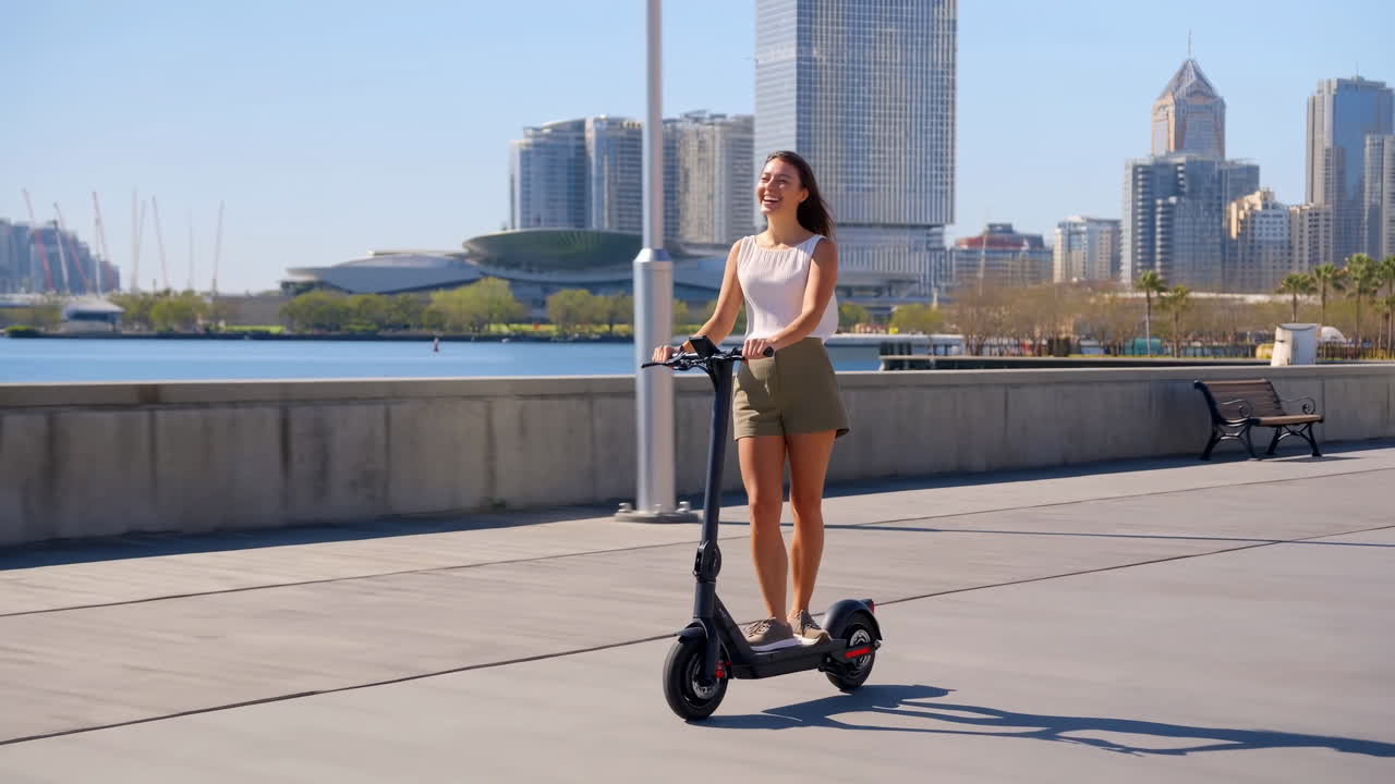 Young Woman Electric Scooter Waterfront Skyline Carefree Commuter Gliding Along Promenade With Modern