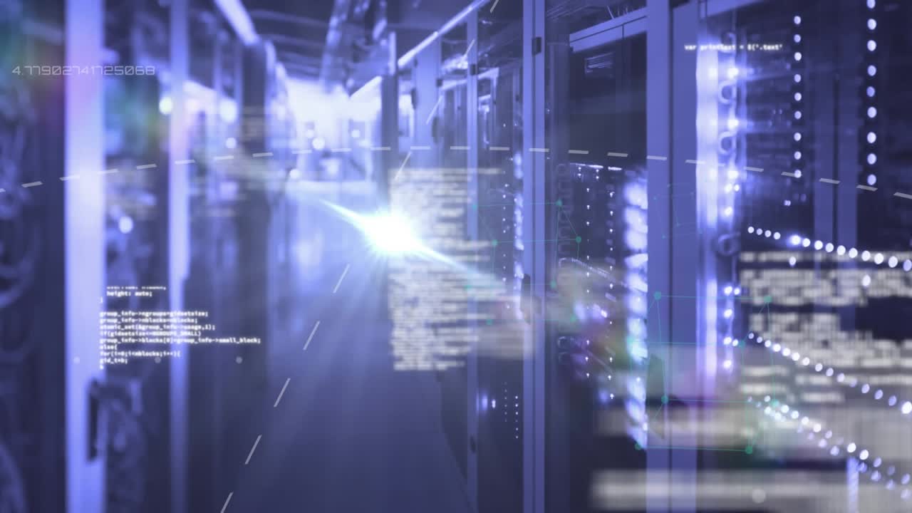 Animation of data processing and light spot against computer server room