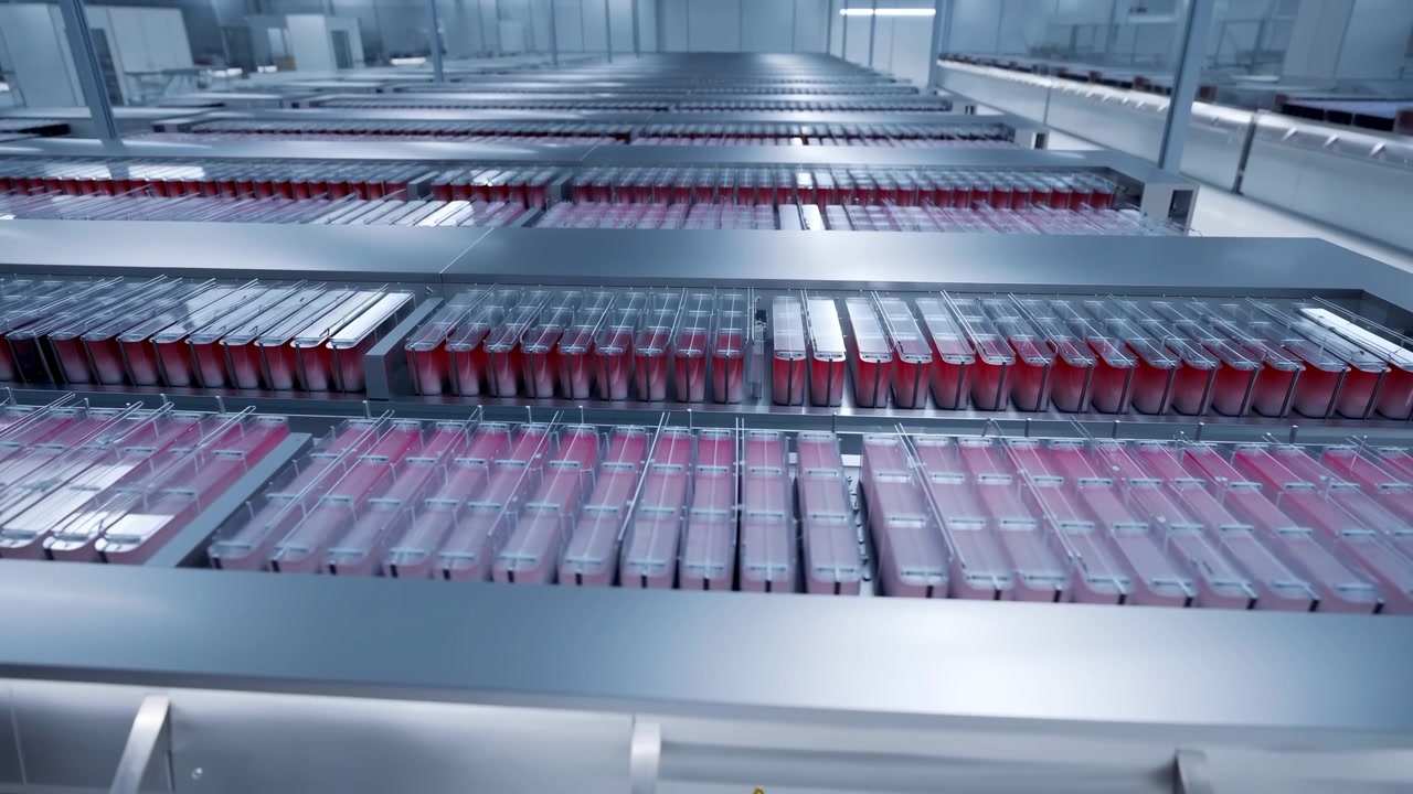 Wide industrial interior with long parallel conveyor systems moving rows of red packaged products through a modern manufacturing facility. Bright cool lighting
