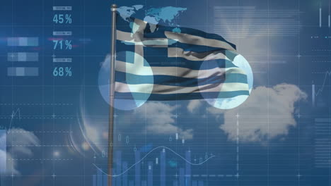 animación de procesamiento de datos financieros con bandera de grecia sobre el cielo con nubes