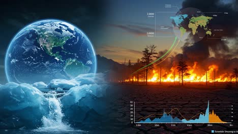 a tale of two worlds: the contrast between earth's icy beauty and the devastation of wildfires, highlighting climate change's impact on our planet