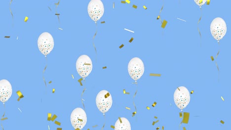 Confetti-falling-over-multiple-balloons-floating-in-blue-sky