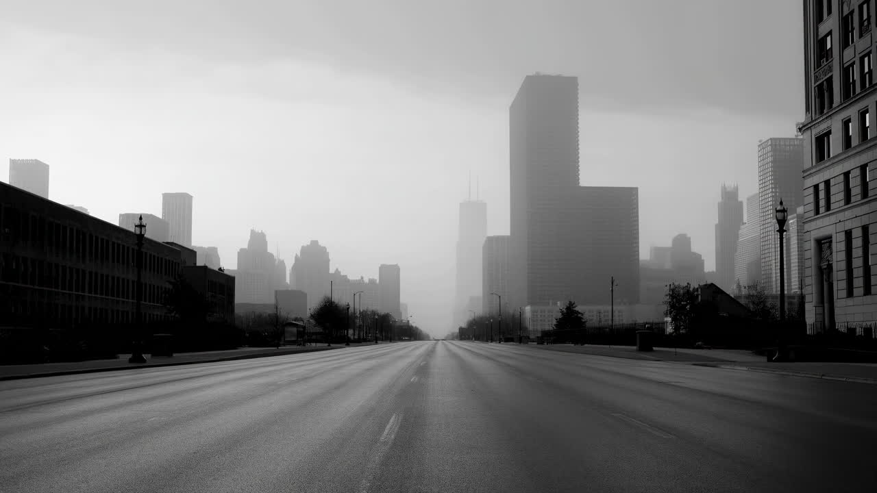 Calle de ciudad vacía que conduce a un horizonte neblinoso en blanco y negro