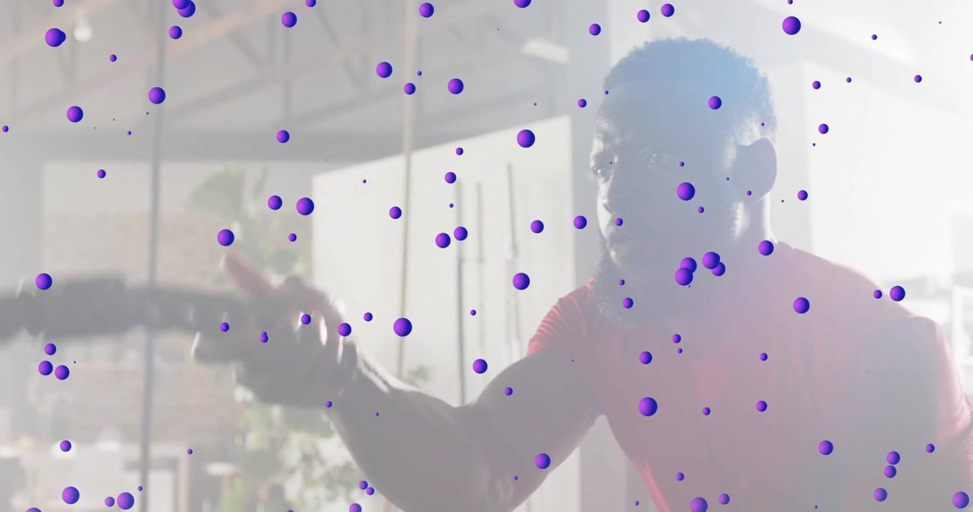 Fitness trainer gripping battle ropes generating waves with purple orb overlay boosting endurance