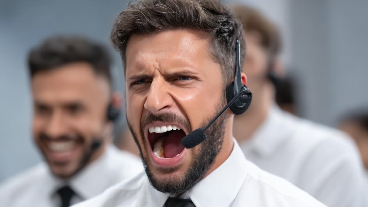 Intense Customer Service Moments: A Focused Male Agent Delivering Powerful Insights While Managing High-Pressure Situations in a Dynamic Call Center Environment