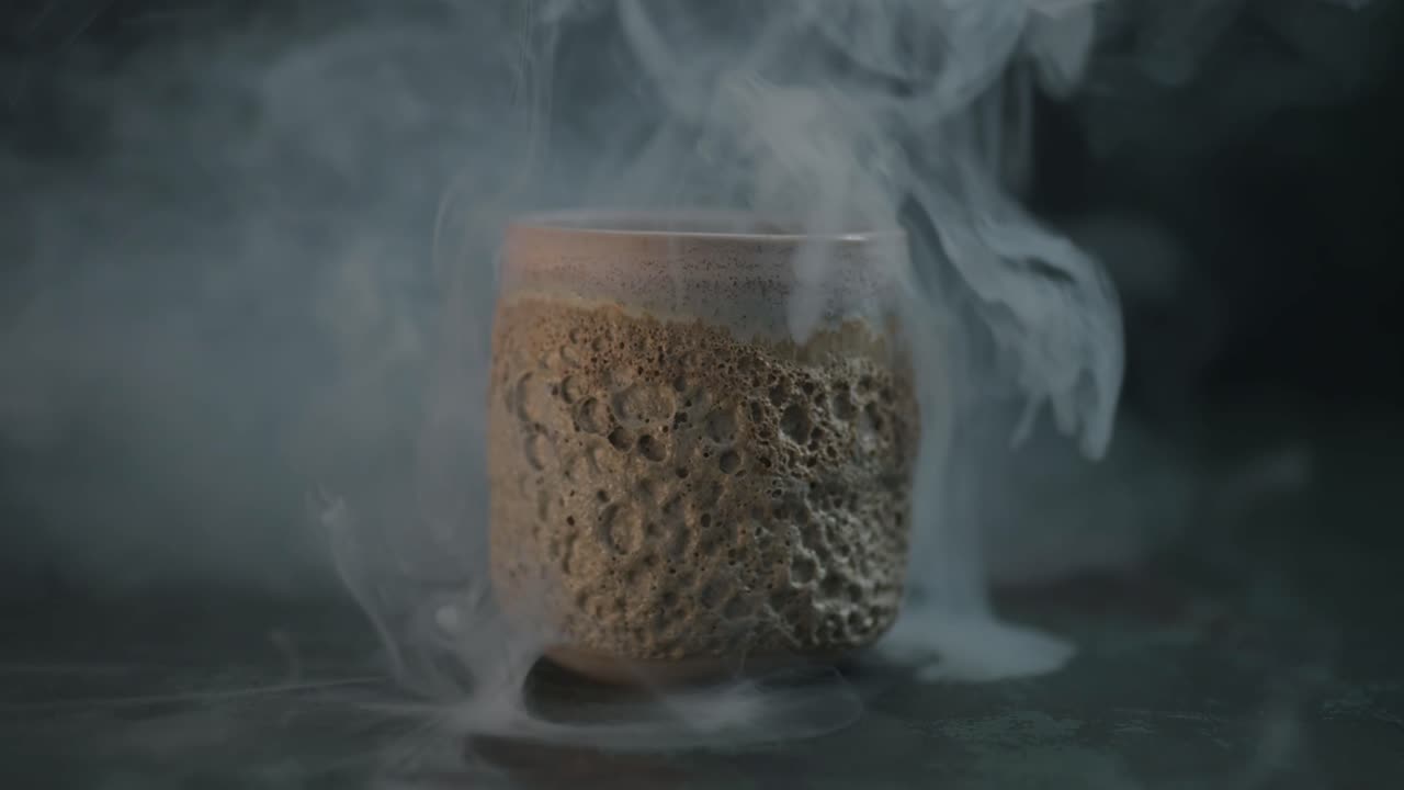 Zoom in to the ceramic cup surrounded by smoke