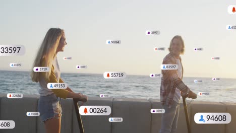 múltiples iconos digitales con números crecientes sobre una pareja caucásica montando scooters eléctricos