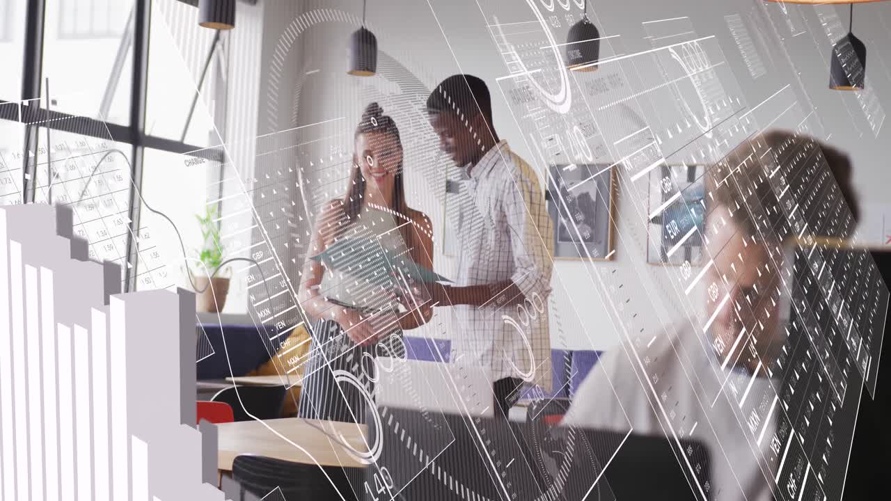 animación de gráficos, círculos de carga, números cambiantes, globo terráqueo, diversos compañeros de trabajo discutiendo informes