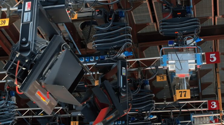 Close up of studio lights equipment on the ceiling of a TV set