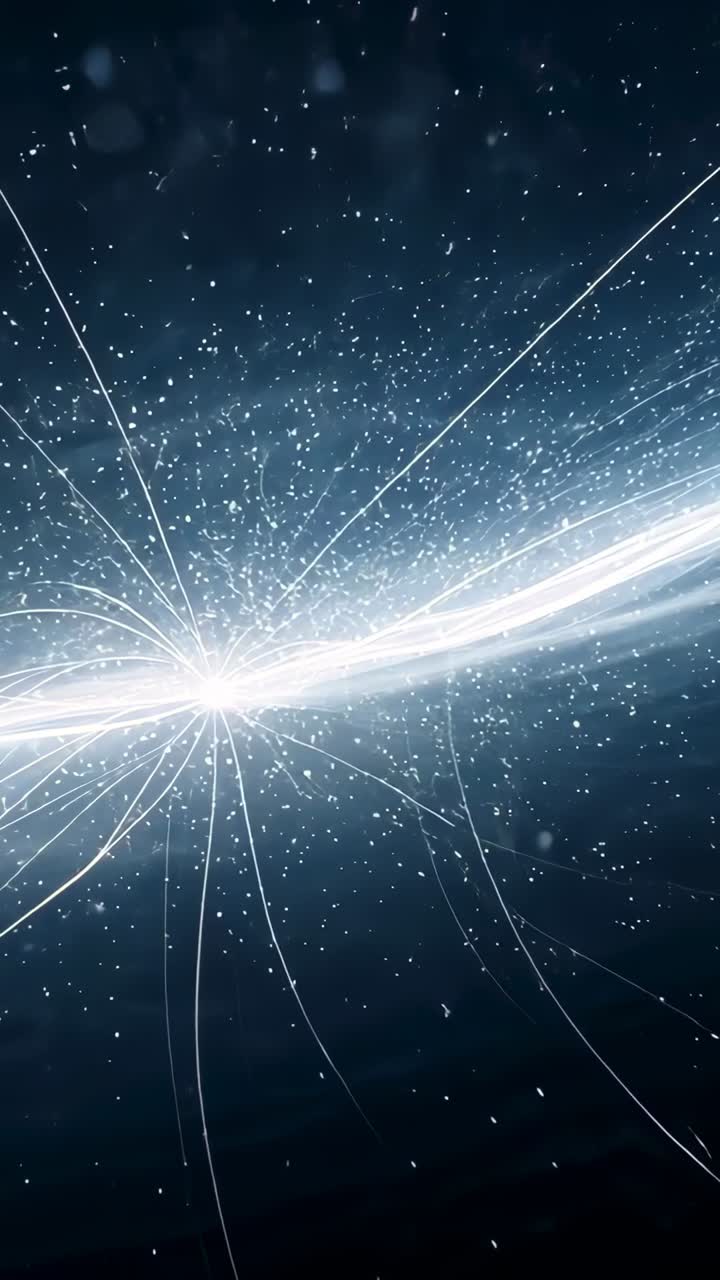 Vertical video: Emitting whiteblue burst on starfield, form sending filaments, stabilizing into arc