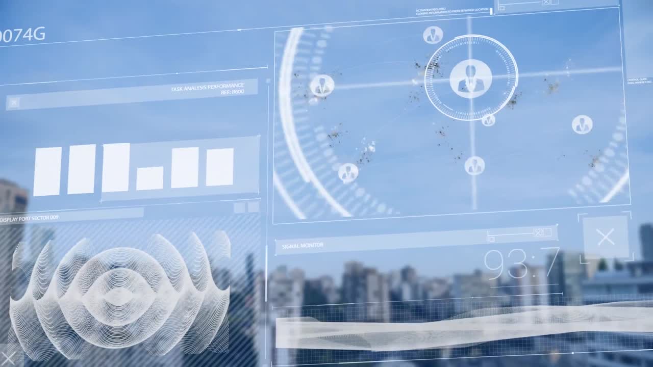 Animation of graph, soundwave, profile icons, map, numbers over buildings under sky